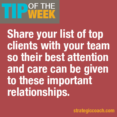 Tip-Of-The-Week: Share your list of top clients with your team so their best attention and care can be given to these important relationships.