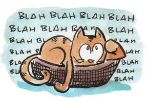 Cat failing to understand words and therefore can’t “think.” Illustration by Hamish MacDonald.